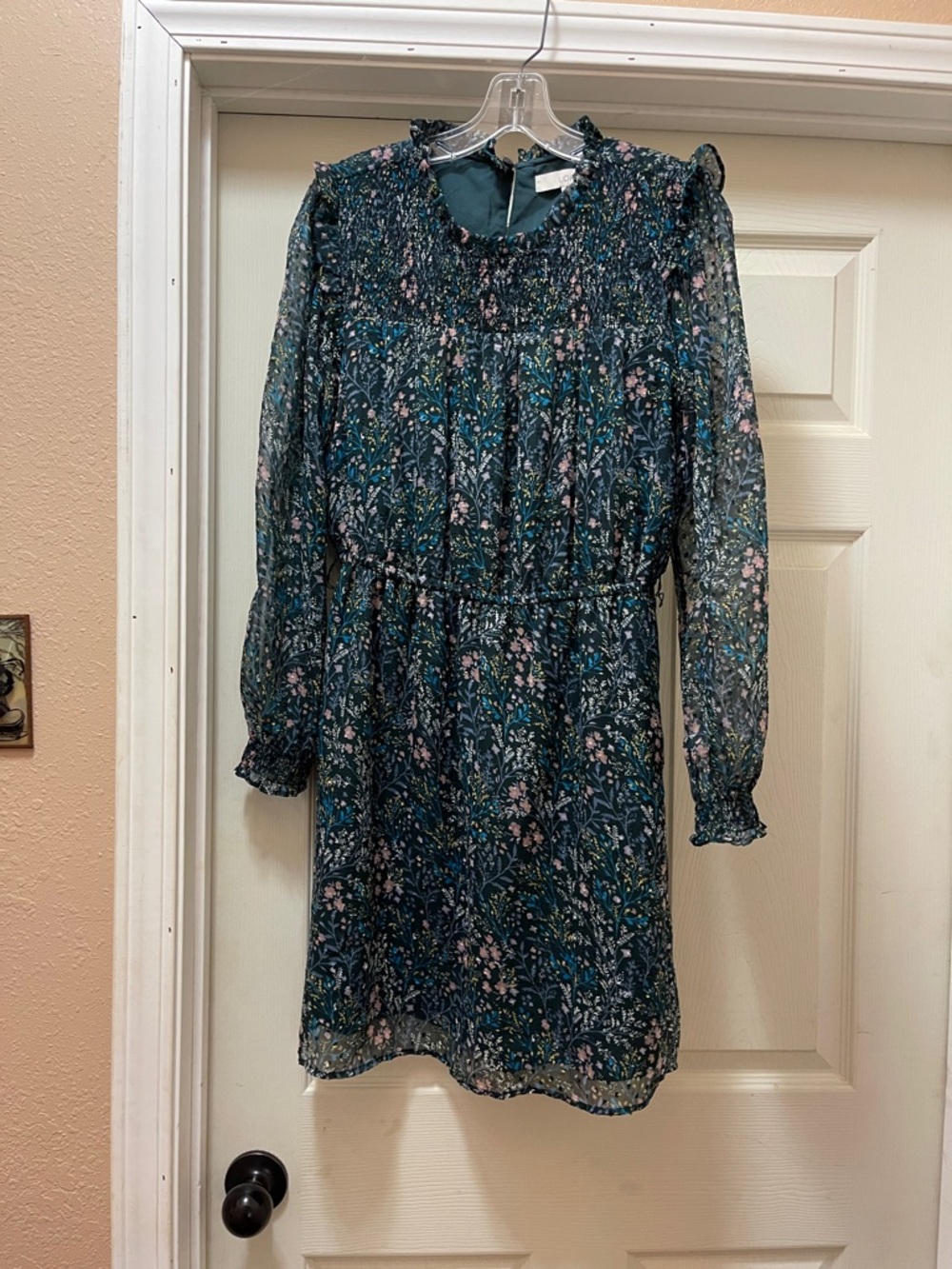 LOFT Teal Floral Smocked Neck Mini Dress